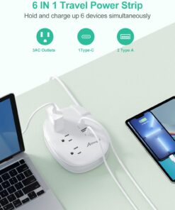 Alitayee USB C Travel Power Strip,Portable Power Strip with 3 Outlets 3 USB Ports Fast Charge, USB Extension Cord with Flat Plug and 4ft Wrapped Around Extension Cord for Cruise Travel Home Office 15.5W USB-4FT 02-White 19 71J8rtGVavL