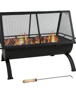 Sunnydaze 36-Inch Northland Outdoor Rectangular Fire Pit with Cooking Grill, Poker, and Spark Screen - Black Finish 33 71JA9lAm4eL