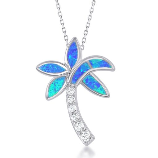 Beaux Bijoux Sterling Silver Simulated Opal Palm Tree Necklace for Women | CZ Diamond and Created Blue Opal Pendant Necklace with 18 inch Silver Chain