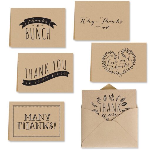 Kraft Thank You Note Card Assortment Pack - Set of 36 Cards - 6 Designs Blank Inside - with Kraft envelopes (53513) Kraft Pack