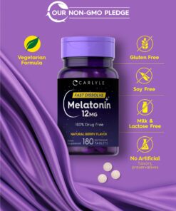 Carlyle Melatonin 12 mg Fast Dissolve 180 Tablets | Drug Free | Natural Berry Flavor | Vegetarian, Non-GMO, Gluten Free 180 Count (Pack of 1) 30 71JSTLKicRL
