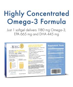 Alternative view of WHC, UnoCardio 1000 Fish Oil, 1300 mg of Pure Triglyceride Fish Oil with Omega-3 (1180 mg), 665 mg EPA and 445 mg DHA and 25 mcg (1000 IU) Vitamin D3 per softgel, Natural Orange, 60 softgels
