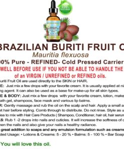 BURITI FRUIT OIL Brazilian. 100% Pure/Natural/REFINED Undiluted Cold Pressed Carrier Oil For Face, Body, Hair, Lip and Nail Care. 0.5 fl oz- 15 ml. "One the richest natural source of vitamin A, 0.5 Fl Oz (Pack of 1) 16 71JdUZlTuQL