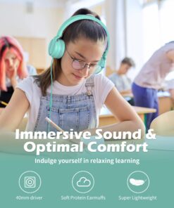 Kids Headphones, AILIHEN I35 On-Ear Headphones for School, 93dB Headphones Boy Girl, 3.5mm Wired Mic for Chromebook, Laptop (Green/Purple) Blue 26 71JdhRVe OL