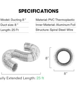 VIVOSUN 8 Inch 25 Feet Non-Insulated Flex Air Aluminum Ducting Dryer Vent Hose for HVAC Ventilation w/Two 8 Inch Stainless Steel Clamps 8" x 25FT Silver 13 71JtYnUskUL