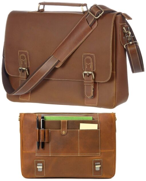 16" Messenger Bag For Men Genuine Leather Vintage Satchel Briefcases RFID Protection Computer Laptop Bag Hunter