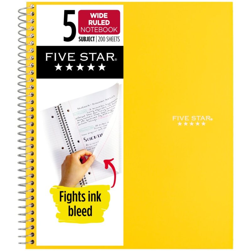 Catalog 1 Five Star Spiral Notebook, 5 Subject, Wide Ruled Paper, Fights Ink Bleed, Water Resistant Cover, 8" x 10-1/2", 200 Sheets, Color Will Vary (05206) *Color Will Vary