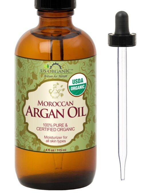 US Organic Moroccan Argan Oil, USDA Certified Organic,100% Pure & Natural, Cold Pressed Virgin, Unrefined, 4 Oz in Amber Glass Bottle with Glass Eye Dropper for Easy Application. Sourced from Morocco. 4 Fl Oz (Pack of 1)