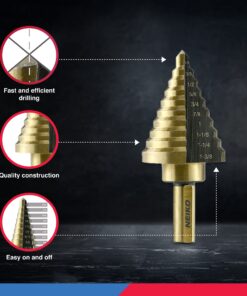 NEIKO 10169A Step Drill Bit Set and Automatic Center Punch | 5 Piece, 41 SAE Sizes Total, 1/8” – 1-3/8” | Titanium High Speed Steel Unibit, Stepper Cone Drill Bit | Two Flute Step Down Bits Straight Tri-Flat Shank 1/8 to 1-3/8", 4 bits 22 71KDmdl4yHL