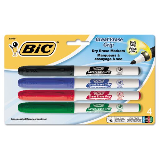 BIC GDEP41-Ast Great Erase Low Odor Dry Erase Markers, Fine Point, Assorted, 4 Dry Erase Markers 4 Count