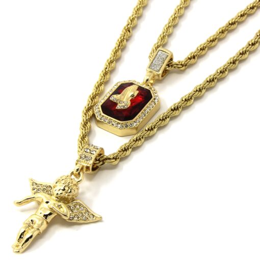 Jewel Town Mens Gold Angel & P Ruby Bundle Set Cz Pendant Hip Hop 24" & 30" Rope Chain D463