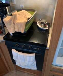 Camco Camper/RV Stove Top Cover | Features Hinged Design for Easy Access to Front Burners & Fits Most 3 or 4 Burner RV/Boat Stoves | Crafted of 20-Gauge Steel w/Powder-Coated Finish | Black (43554) 40 71KUy0s2h1L 1