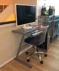 Walker Edison Metal and Glass Work From Home Laptop Computer Gaming Desk with Slide In Keyboard Tray Home Office, 31 Inch, Silver Single Desk Stanford 59 71KVmCzXMNL