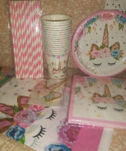 Unicorn Themed Party Supplies Set,Unicorn Cake Plates,Cups,Napkins,Tablecloth,Straws&Decoration,Paper Disposable Tableware Set for Girls Children Birthday Party or First,Baby Shower, Serves 16 Guests 40 71KapAfDXfL