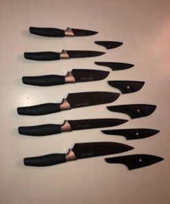 Chef Essential Carbon Steel Culinary Knife Set – 6-Piece Sharp Knife Set – Meat, Veggie, Bread Knife Set – Nonstick Chef Knife Cooking Knives – Professional Sharp Kitchen Knife Set Without Block Solid Black Set 31 71Ke8B5tkLL