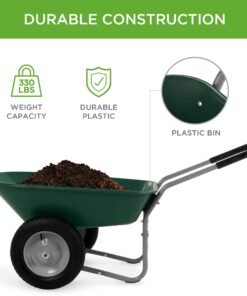 Best Choice Products Dual-Wheel Home Utility Yard Wheelbarrow Garden Cart w/Built-in Stand for Lawn, Gardening, Grass, Soil, Bricks, and Construction, Green 30 71KetSHvhZS
