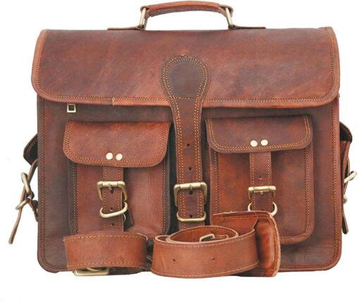 SKH 15" Vintage Leather Messenger Soft Leather Briefcase Satchel Leather Laptop Messenger Bag for Men and Women