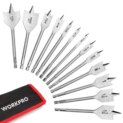 WORKPRO 13-Piece Spade Drill Bit Set in SAE, Paddle Flat Bits for Woodworking, Nylon Storage Pouch Included Medium-Carbon Steel