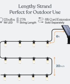 Brightech Ambience Pro Solar Powered Outdoor String Lights, 27 ftCommercial Grade Waterproof Patio Lights, 12 Edison Bulbs, Shatterproof LED Solar Christmas String Lights - 1W LED, Soft White 27 Feet 26 71KqT2a3mUL