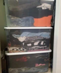 Sterilite 70 Qt Ultra Latch Box, Stackable Storage Bin with Latching Lid, Organize Clothes, Sport Gear in Basement, Clear with White Lid, 4-Pack 70 Quart 47 71KrdQhzJL