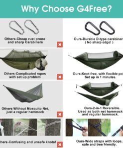 G4Free Large Camping Hammock with Mosquito Net 2 Person Pop-up Parachute Lightweight Hanging Hammocks Tree Straps Swing Hammock Bed for Outdoor Backpacking Backyard Hiking Army Green 24 71L0loSDNL