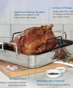 Viking Culinary 3-Ply Stainless Steel Roasting Pan, Includes a Nonstick Rack, Dishwasher, Oven Safe, Works on All Cooktops including Induction 28 71L7 GGDEPL