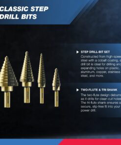NEIKO 10169A Step Drill Bit Set and Automatic Center Punch | 5 Piece, 41 SAE Sizes Total, 1/8” – 1-3/8” | Titanium High Speed Steel Unibit, Stepper Cone Drill Bit | Two Flute Step Down Bits Straight Tri-Flat Shank 1/8 to 1-3/8", 4 bits 21 71LGYmgrLpL