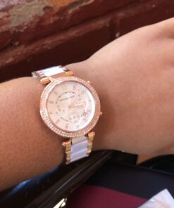 Michael Kors Parker Women's Watch, Stainless Steel and Pavé Crystal Watch for Women with Steel, Leather, or Silicone Band Rose Gold/White 20 71LKxSRxk7L