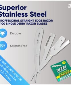 Equinox Professional Straight Edge Razor with 100 Single Derby Blades 100% Stainless Steel Razor and Blades - Close Shaving Men's Manual Shaver - Disposable Blades -Barber Straight Razor Kit - Silver Steel Razor W/ 100 Derby Blades 35 71LNn05VhxL