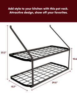 Vdomus Hanging Pot Rack - Rustproof Wall Mounted Pot Rack Pan Hanger for Kitchen Storage & Organization - Durable, Thick Iron Material - Easy Setup 2-Tier Pot Shelf Wall Mount Pot Holder - Black 23 71LPeGnNSPL