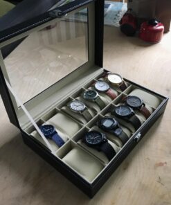 READAEER 12 Slot PU Leather Watch Box Display Case Jewelry Organizer with Glass Top 40 71LQ9D489AL