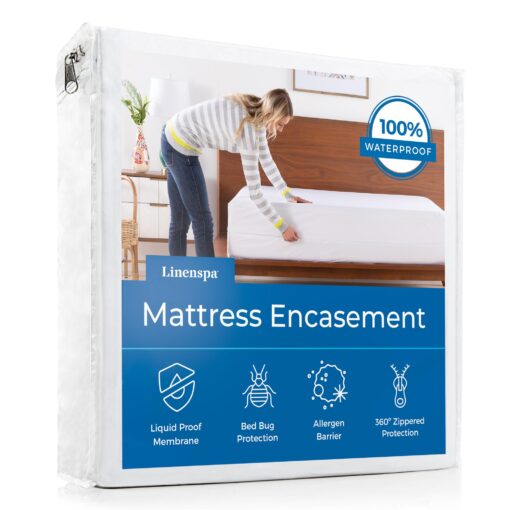 Linenspa Zippered Mattress Encasement - Waterproof & Bed Bug Proof - Premium Noiseless & Absorbent Cover – Full, White 12" Depth