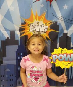 Superheroes Theme Party Photography Backdrop with Prop, Flag & Mask. Super Hero Cityscape Photo Booth Background for Kids Party, Birthday Wall Decorations 4*5.5 feet 30 71LUDQvzmmL