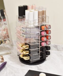 Ikee Design Premium Acrylic Rotating 64 Cosmetic Lipstick Organizer Tower,Lipgloss Stand with Removable Dividers, 360 Degree Spinning Lipstick Display Tower,4 1/2 W x 4 1/2 D x 9 1/8 H in Clear 29 71LbmtxIm1L
