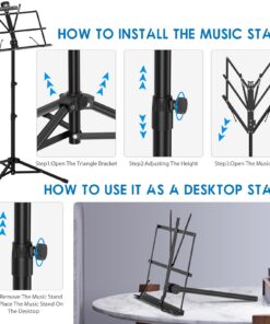 Music Stand, Kasonic 2 in 1 Dual-Use Folding Sheet Music Stand & Desktop Book Stand, Portable and Lightweight with Music Sheet Clip Holder & Carrying Bag Suitable for Instrumental Performance (Black) Black 44 71LkGJPfGSL 1