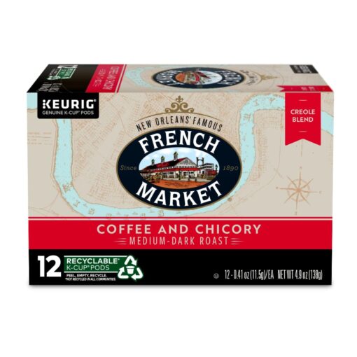 French Market Coffee, Creole Blend Coffee and Chicory, Single Serve Coffee K-Cup Pods, Dark Roast, 12 Count 12 Count (Pack of 1)