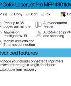 HP Color Laserjet Pro MFP 4301Fdw Wireless All-in-One Printer, Scan, Copy, Fax, Mobile Print, Best for Small Teams (4Ra82f) New version 45 71LqaX9UrHL
