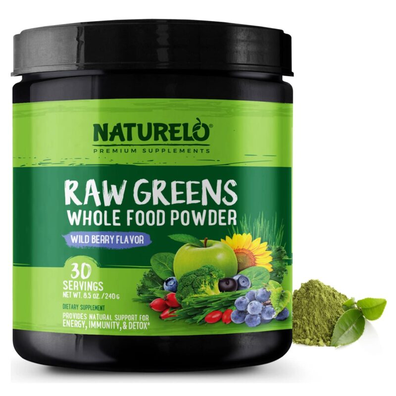 NATURELO Raw Greens Superfood Powder - Wild Berry Flavor - Boost Energy, Detox, Enhance Health - Organic Spirulina - Wheat Grass - Whole Food Nutrition from Fruits & Vegetables - 30 Servings 30 Servings (Pack of 1)