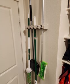 HOME IT Mop And Broom Holder - Garage Storage Systems with 5 Slots, 6 Hooks, 7.5lbs Capacity Per Slot - Garden Tool Organizer For 11 Tools - For Home, Kitchen, Closet, Laundry Room - Off-White 51 71LsD9HshcL