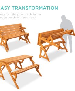 Alternative view of Best Choice Products 2-in-1 Transforming Interchangeable Outdoor Wooden Picnic Table Garden Bench for Backyard, Porch, Patio, Deck w/Umbrella Hole - Natural