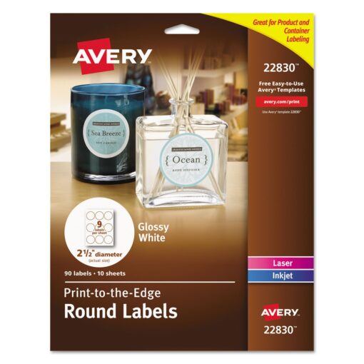 Avery Round Labels for Laser & Inkjet Printers, 2.5", 90 Glossy White Labels (22830) 2.5" 90 labels