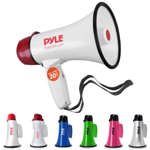 Pyle Megaphone Speaker PA Bullhorn - 20 Watts & Adjustable Vol Control w/ Built-in Siren & 800 Yard Range for Football, Baseball, Hockey, Cheerleading Fans & Coaches or for Safety Drills - PMP20,White