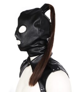 HOT TIME BDSM PU leather Adjustable Pony Tail Holes Hood Mask With Long Hair Halloween Cosplay Head Mask Open Eyes Mouth for Mask Hair Holes Costume 13 71MLvUlWRoL