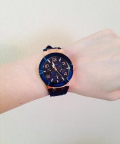 GUESS Women Stainless Steel Quartz Watch with Silicone Strap Blue/Blue/Rose Gold Tone/Blue 34 71MVSoOopyL
