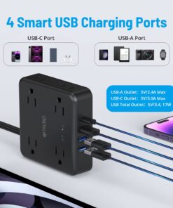 TROND Power Strip Surge Protector - Flat Plug Extension Cord, 8 Widely-Spaced Outlets, 4 USB Charger(1 USB C Port), 5FT Ultra Thin Cord, 1440J, Flat Wall Plug, Desk Charging Station for Travel, Black 5 FT-1 USB C 40 71MVfWeHihL