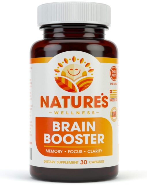 Natures Wellness Brain Booster | Natural Cognitive Enhancer for Increased Focus, Memory and Mental Clarity | Nootropics Brain Supplement | DMAE, Rhodiola Rosea Extract, Bacopa Monnieri, Ginkgo Biloba