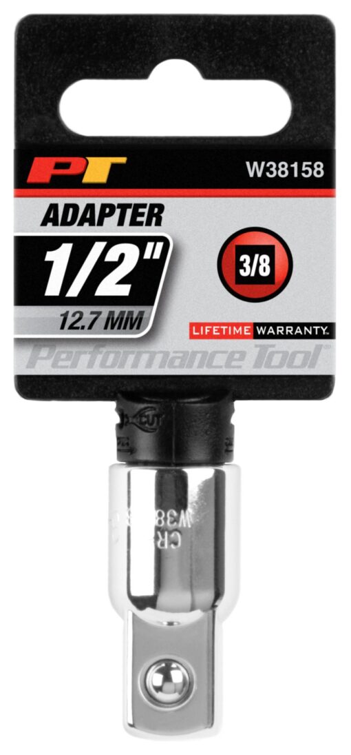 Performance Tool W38158: 3/8-Inch F x 1/2-Inch M Adapter for Versatile Socket Connections,Silver 3/8" F x 1/2" M Adapter Chrome Vanadium