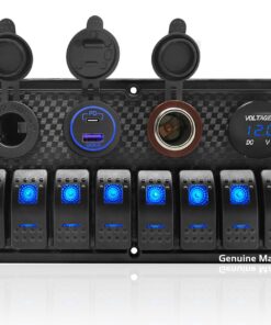 8 Gang Boat Rocker Switch Panel Blue LED Illuminated Waterproof with Fuse Protect for Digital Voltage Display, QC 3.0 USB Port PD Type C Cigarette Lighter Plug, DC 12V Power Socket for Truck RV Blue Light LED