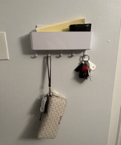 mDesign Wall Mount Modern Plastic Mail Organizer Storage Basket - 5 Hooks - for Entryway, Mudroom, Hallway, Kitchen, Office - Holds Letters, Magazines, Coats, Keys - White 24 71MlgM6LLQL