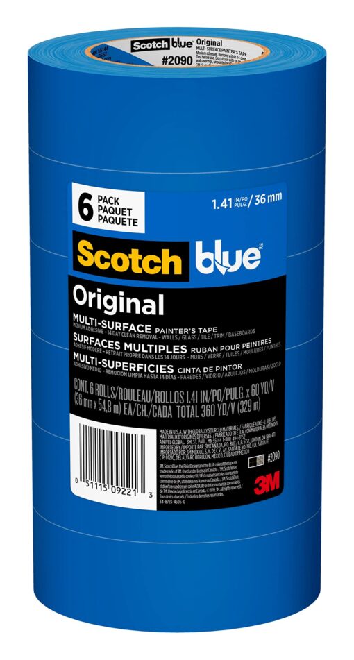 Scotch Painter's Tape 1.41 inches Original Multi-Surface Painter's Tape, x 60 yards (360 yards total), 2090, 6 Rolls, Blue, 6 Foot